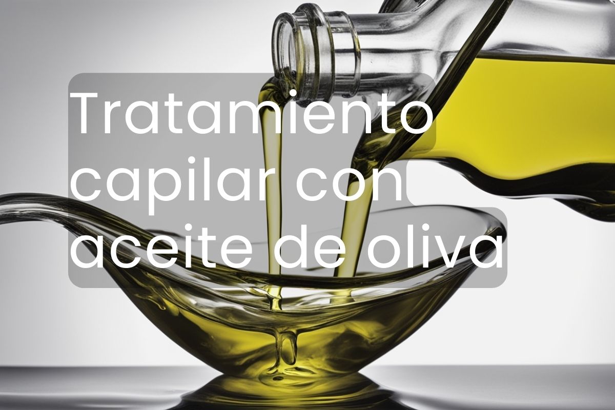 Una botella de aceite de oliva para el cabello vertiendo